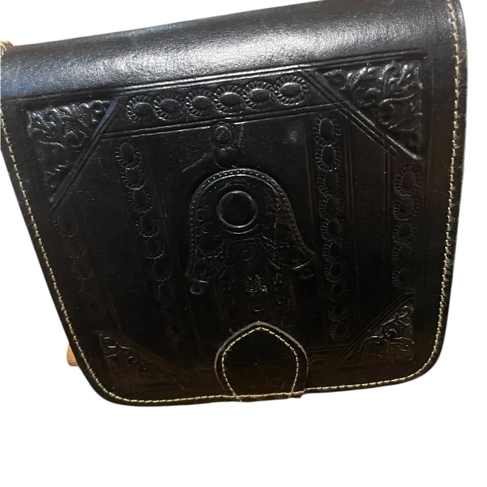 Black Hand of Fatima Embossed Leather Crossbody Bag